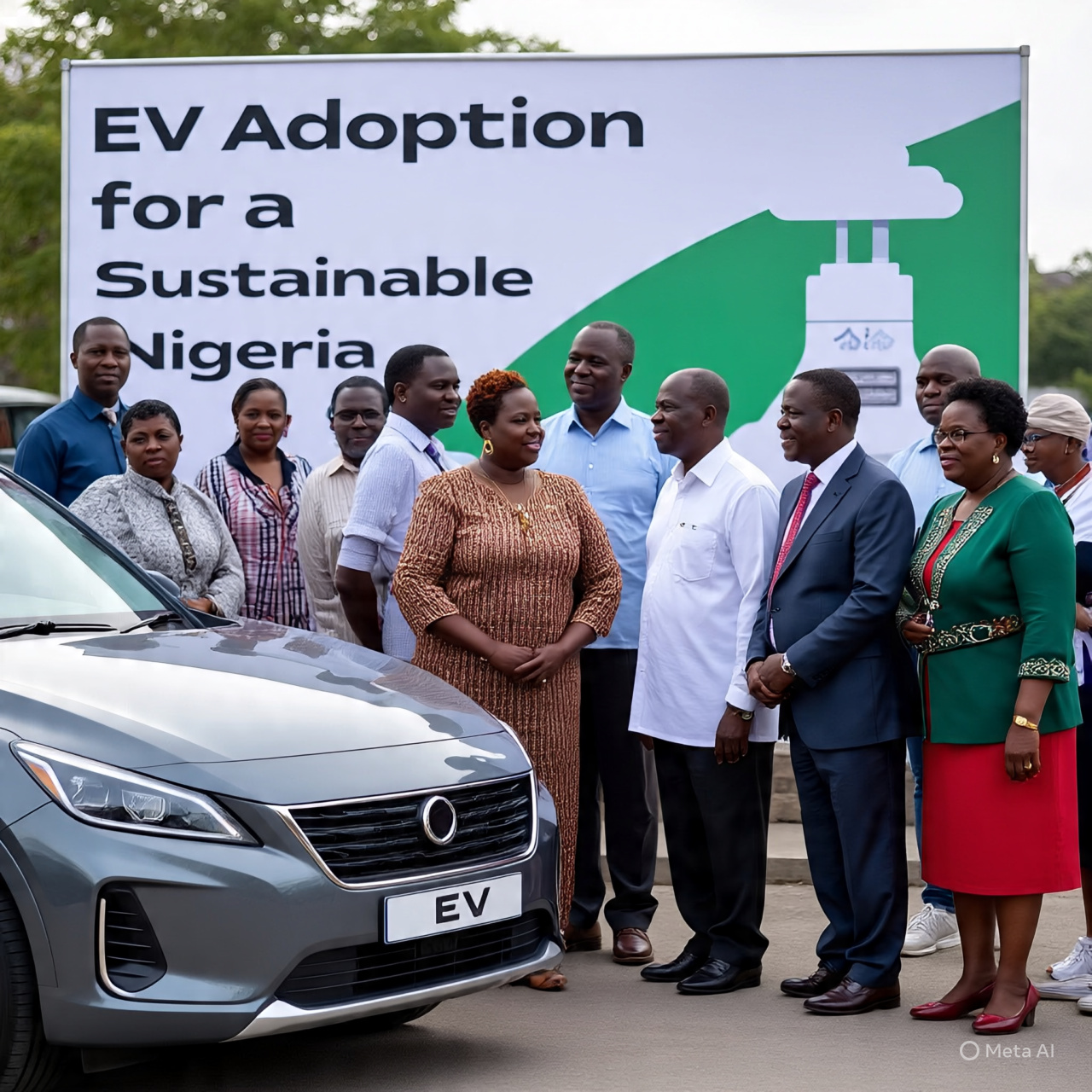 People standing beside an electric vehicle in front of a banner promoting EV adoption for a sustainable Nigeria, with a charging station graphic in the background